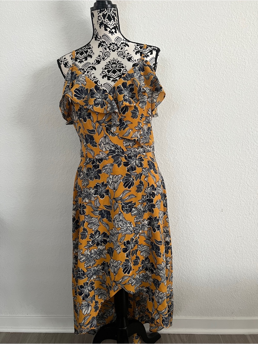 IZ Byer Floral High Low Midi Dress XL Mustard Cold Shoulder Ruffle